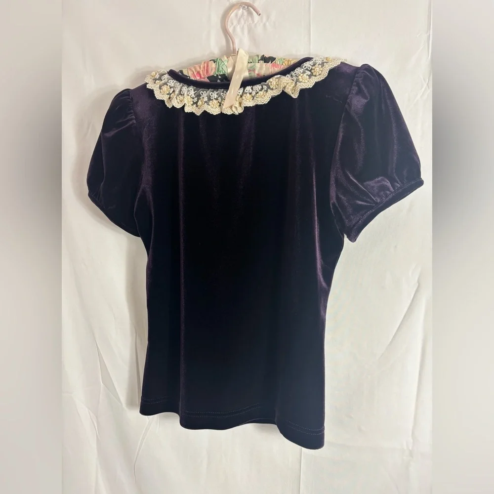 Purple Velvet Scoop Neck Lace+Pearl Embellished Neckline Puff Sleeve Top Size M - Picture 11 of 16
